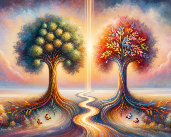 Vibrant Landscape with Majestic Trees and Butterflies