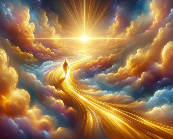 Luminous Pathway Through Vibrant Swirling Clouds