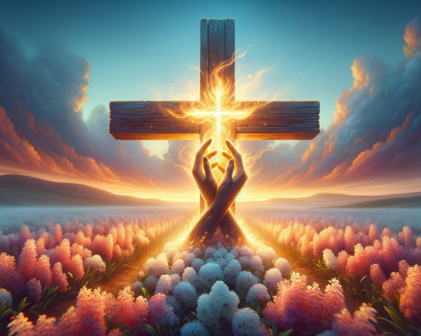 Wooden Cross Surrounded by Flowers at Sunset