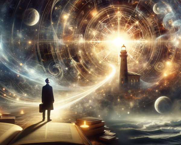 Surreal Cosmic Landscape with Lighthouse and Figure