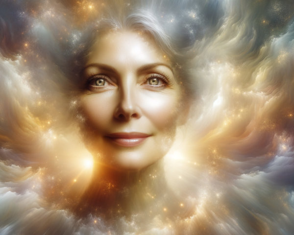 Ethereal Woman's Face in Cosmic Backdrop