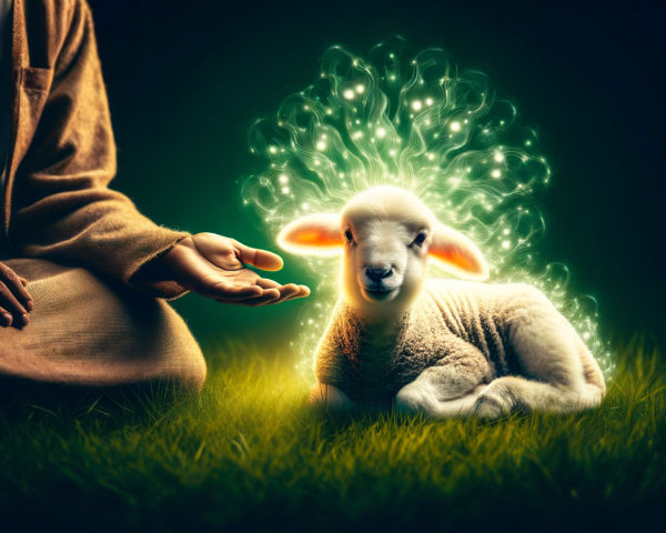 Kneeling man in robe with glowing lamb on grass