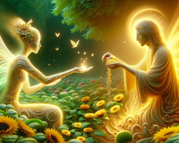 Ethereal Beings in a Mystical Golden Garden