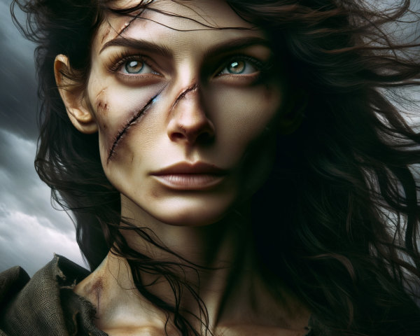 Intense portrait of a woman with flowing hair and scar
