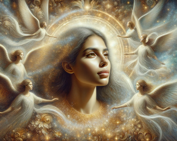 Serene Woman Surrounded by Ethereal Angels in Cosmos