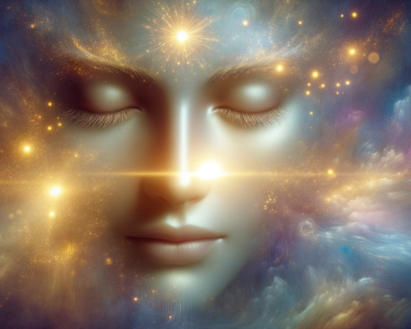 Ethereal Face in Cosmic Background with Vibrant Colors