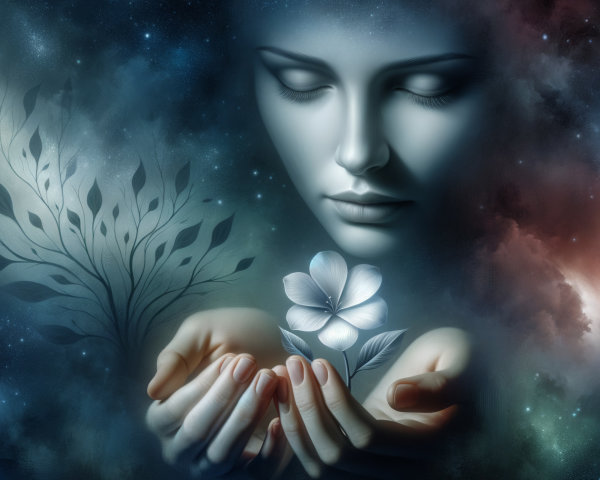 Ethereal Figure Surrounded by Cosmic Elements and Nature