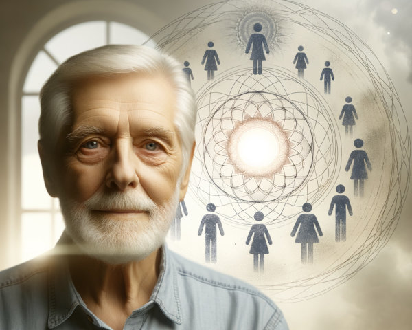 Elderly Man Against Ethereal Background with Sun Symbols