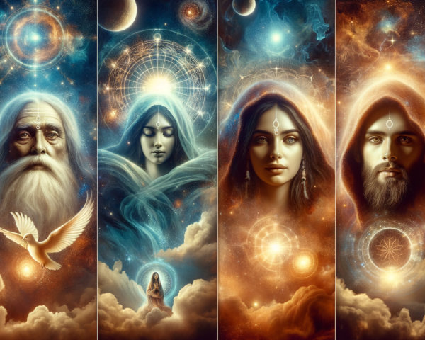 Celestial Portraits with Cosmic Backdrop and Symbols
