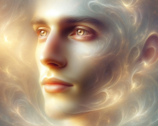 Youthful Man's Profile with Ethereal Hair and Cosmic Background