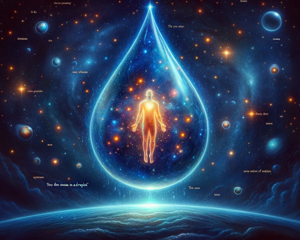 Luminous Droplet in Cosmic Expanse with Human Figure