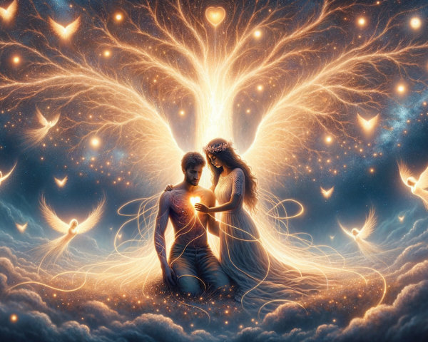 Luminous Tree of Life with Ethereal Figures and Light