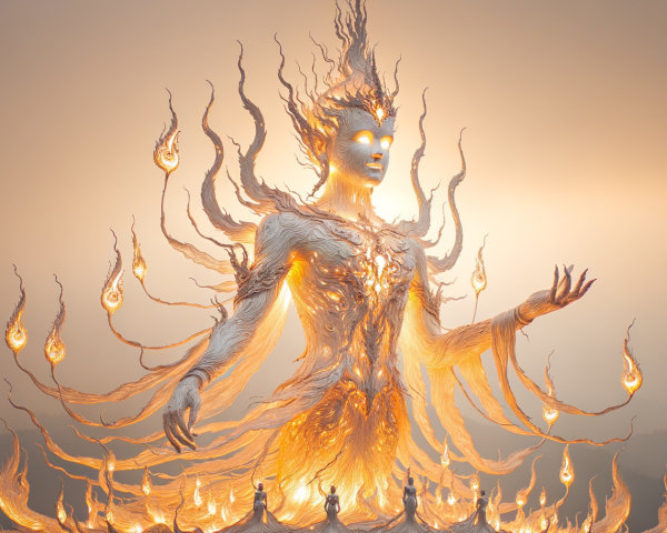 Ethereal Figure with Flames in Mystical Setting