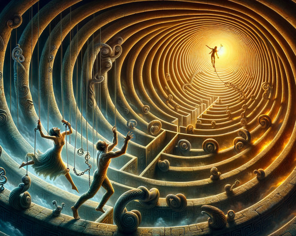 Surreal Labyrinth with Figures and Intricate Patterns