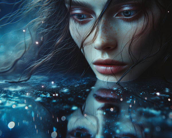 Close-up of a contemplative face with flowing hair