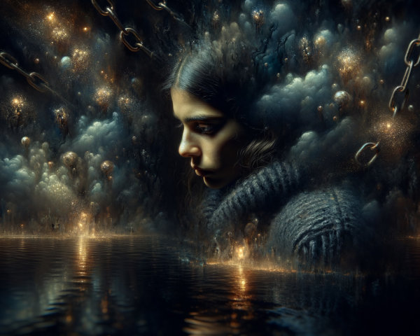 Contemplative Young Woman Amid Ethereal Clouds and Light
