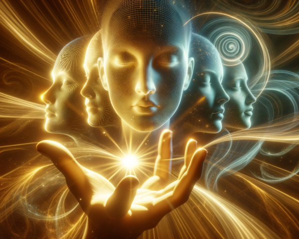 Ethereal Hand Cradling Radiant Orb with Faces