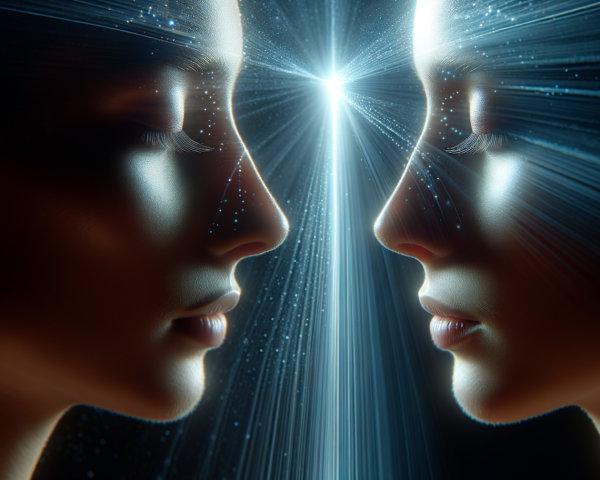 Ethereal Faces in Profile with Radiant Light Connection