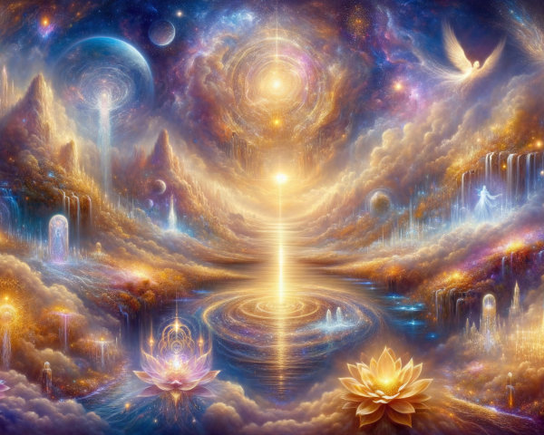 Vibrant Cosmic Landscape with Waterfalls and Lotus Flowers