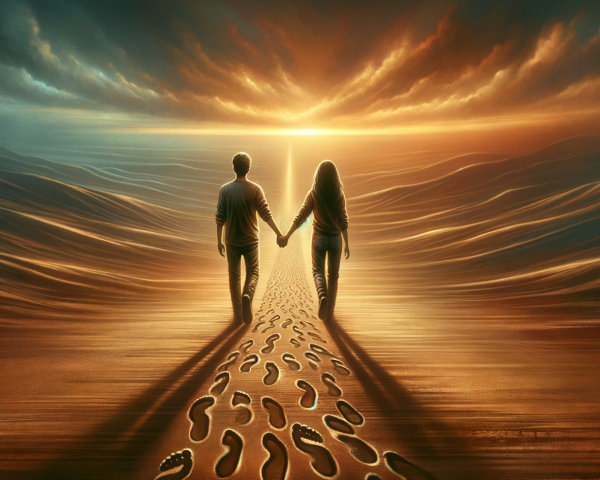 Couple Walking Toward a Sunset Horizon with Reflections