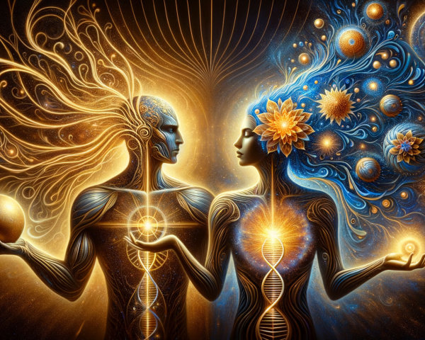 Surreal depiction of male and female figures with patterns