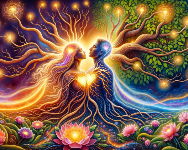 Surreal Artwork of Intertwined Couple with Lotus Flowers