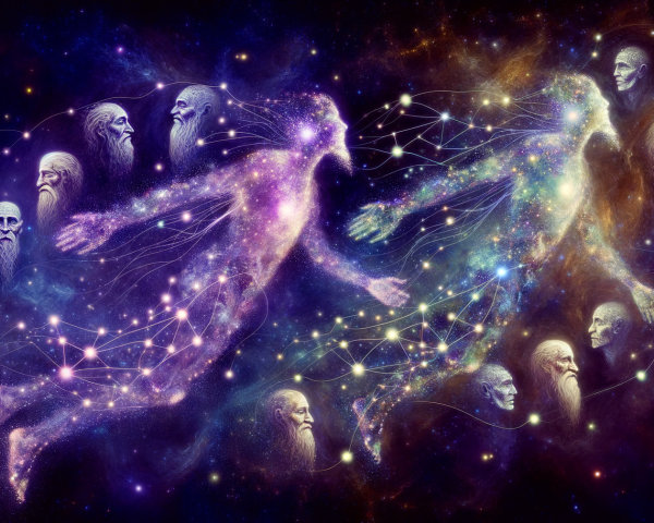 Cosmic Scene of Ethereal Figures and Galaxies