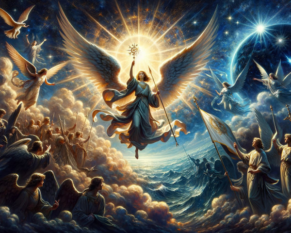Celestial Battle Scene with Angelic Army and Archangel