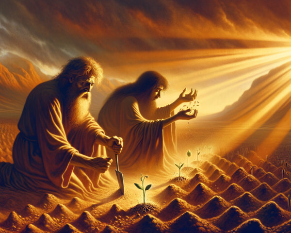 Wise Figures Planting Seeds in a Sunlit Landscape