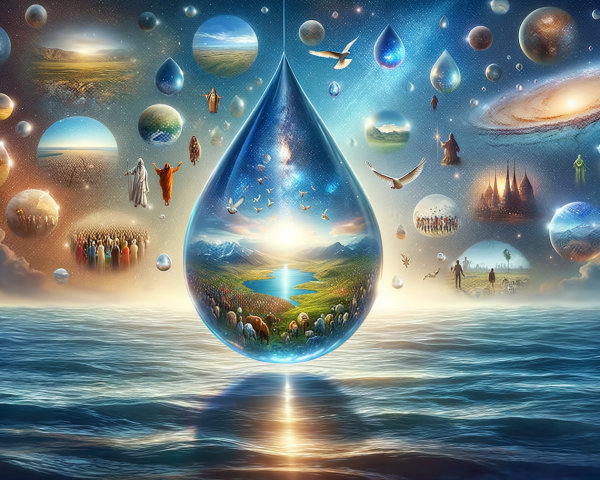 Surreal Scene with Reflective Water Droplet and Nature