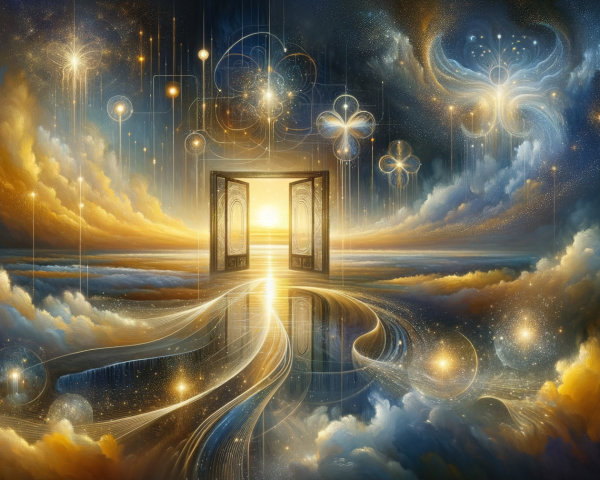 Mystical Double Door Opening to Radiant Horizon Scene