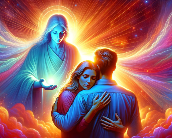 Couple Embraces in Ethereal Colorful Scene