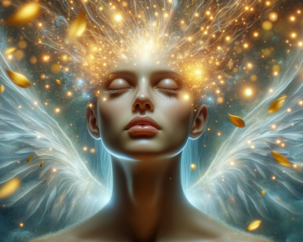 Serene Figure with Glowing Wings and Radiant Light