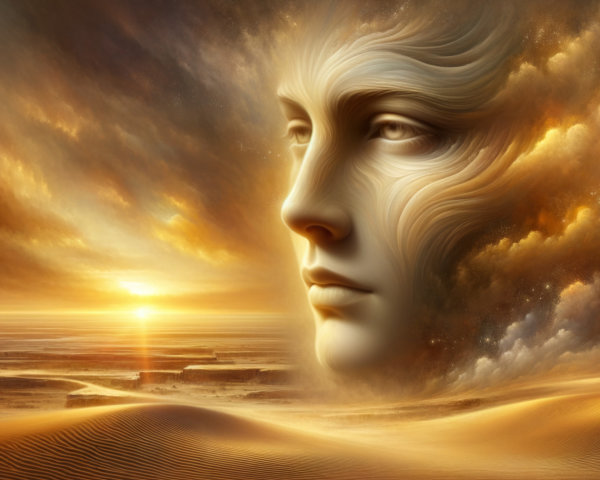 Surreal Desert Landscape with Ethereal Face at Sunset