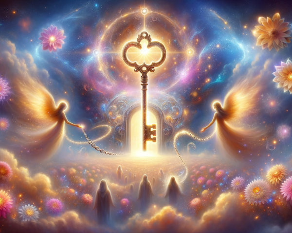 Mystical Scene with Golden Key and Ethereal Figures