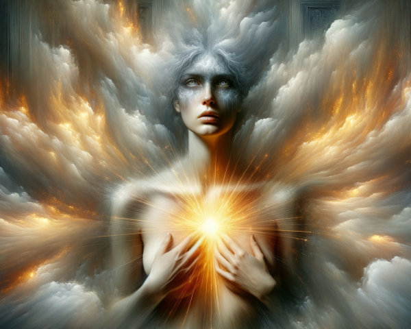 Luminous figure with glowing orb in swirling clouds