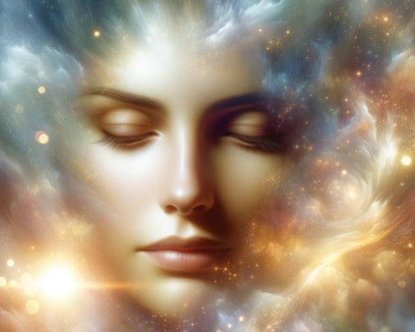 Cosmic Face Surrounded by Ethereal Colors and Stars