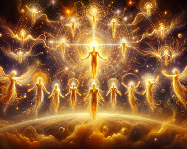 Golden Ethereal Figures Against Dark Cosmic Background
