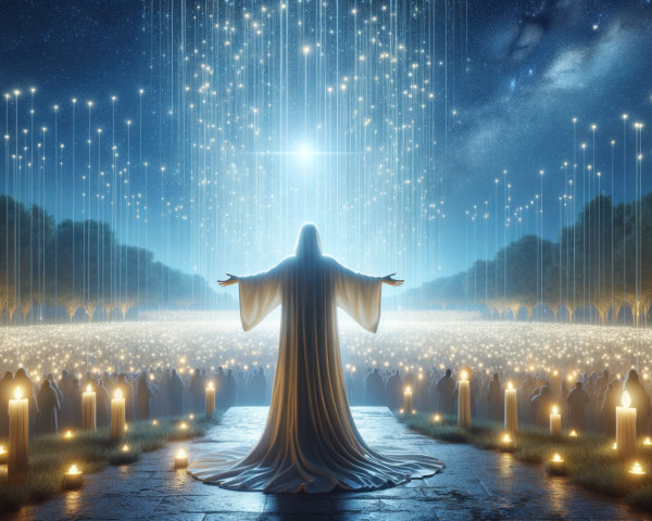 Ethereal Scene of a Robed Figure Amidst Glowing Figures