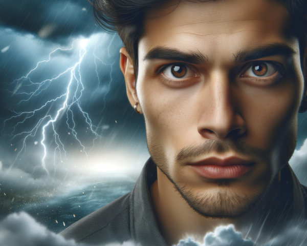Portrait of a Young Man with Intense Expression and Stormy Sky