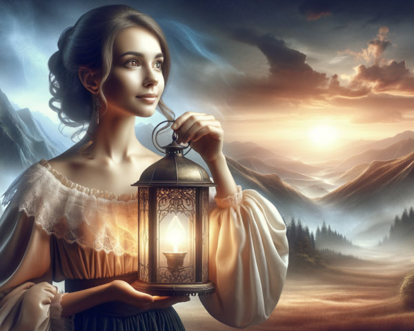 Young Woman in Vintage Dress with Lantern at Sunset