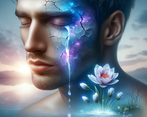 Crying Man with Cracked Skin and Ethereal Lotus Flower