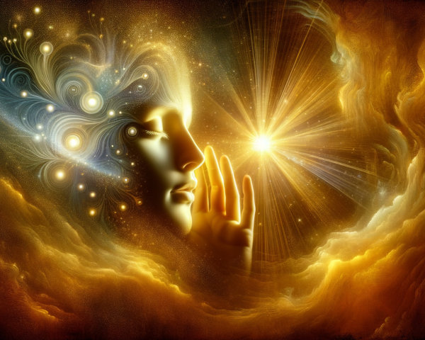 Ethereal Face in Cosmic Golden and Blue Backdrop