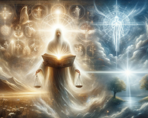 Celestial Figure with Ancient Book in Serene Landscape