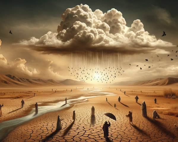 Apocalyptic Desert Landscape with Hooded Figures and Clouds