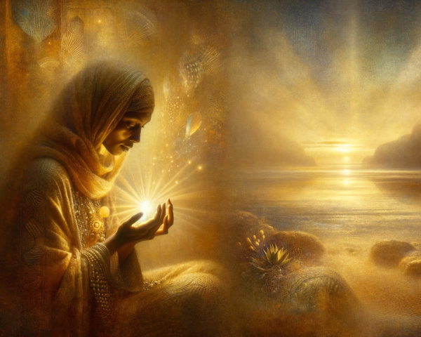 Serene Figure with Glowing Orb in Tranquil Seascape