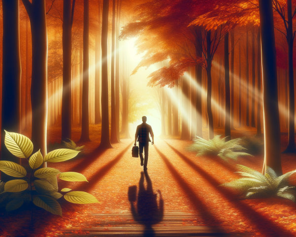 Solitary Figure Walking on Autumn Forest Path