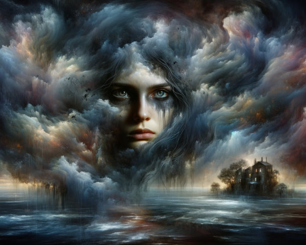 Ethereal Portrait of a Woman Amidst Stormy Skies