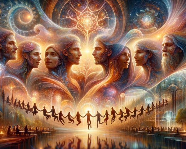 Ethereal Scene of Interconnected Faces and Unity
