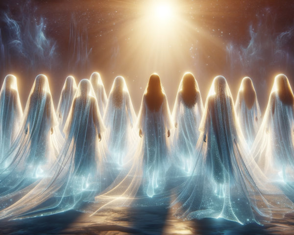 Luminous Women in Ethereal Gowns Against Celestial Light
